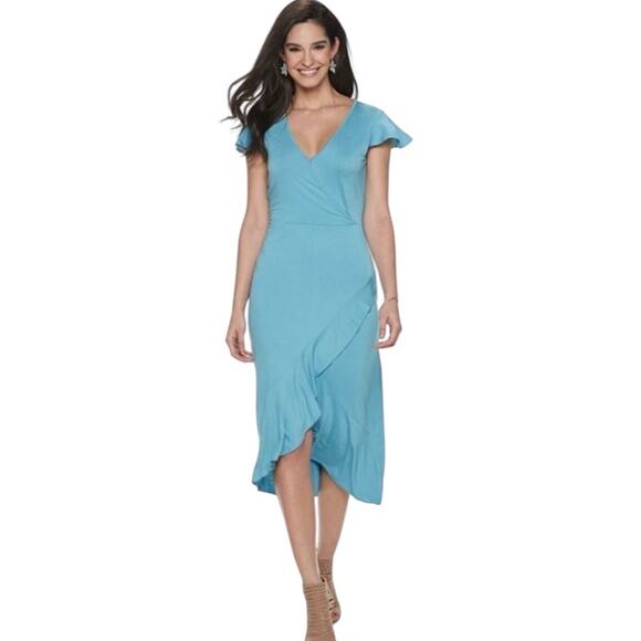 Juicy Couture Turquoise Faux Wrap Midi Dress Knit Ruffle Asymmetric Hem Sz MED - Picture 1 of 8